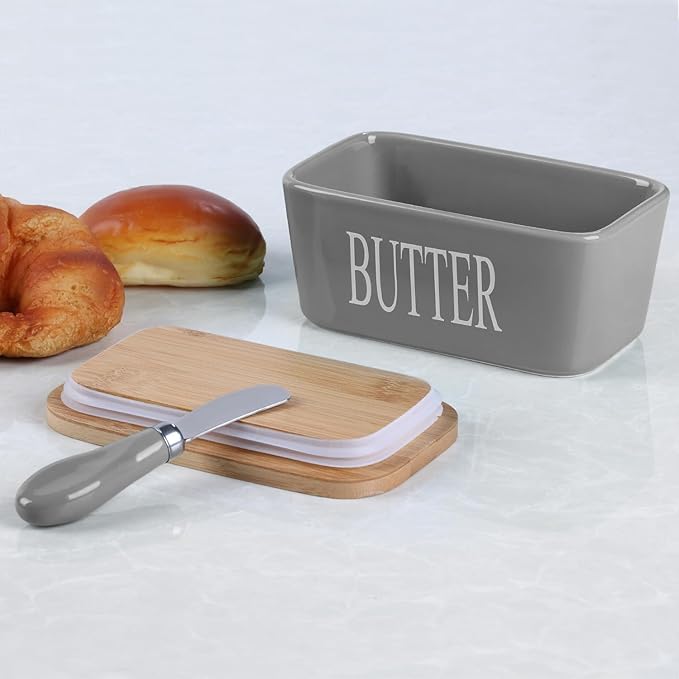 Ceramic Butter Dish with Wooden Lid, Large Butters Container Keeper Storage with Stainless Steel Knife Spreader, Bamboo Cover and Silicone Sealing Ring for West East Coast, Grey