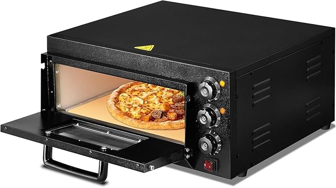 ROVSUN Electric Pizza Oven, 110V 1800W Stainless Steel Pizza Baker with Auto Shut-off, Handle, Removable Crumb Tray, Countertop Pizza Maker for Kitchen Commercial Home-Black