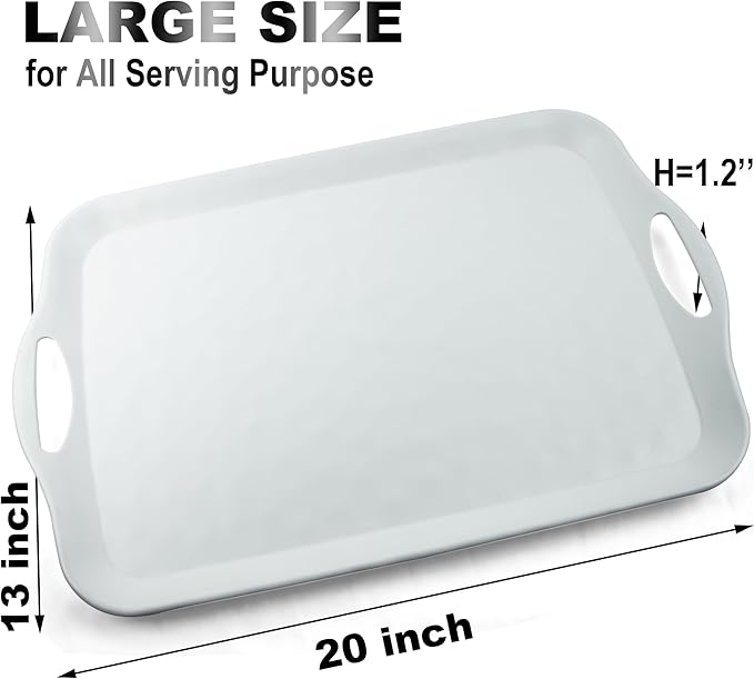 Extra Large Serving Tray with Handles, 20x13 inch, Set of 2 Melamine Platters for Serving Food, Turkey, Cookie, Rectangular Trays for Eating, Raised Dots Matt Finished, Dishwasher Safe, White