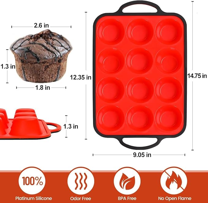 FUNBAKY Silicone Muffin Pan for Baking, Metal Reinforced Frame Muffin Pan Nonstick 12 Cups for Oven Baking Easy to Handle BPA Free
