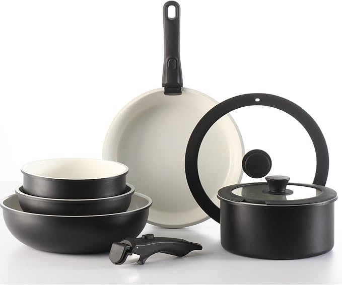 Daniks 9-Piece Nonstick Cookware Set, Ceramic Induction Pots and Pans with Detachable Silicone Handles, Oven & Dishwasher Safe, Black