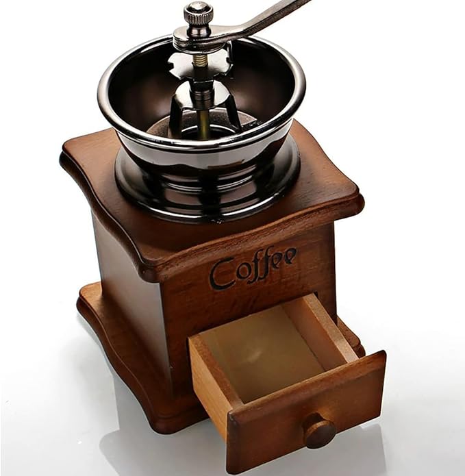 Wooden Manual Coffee Grinder Vintage Style Hand Coffee Mill Burr Coffee Grinder with Ceramic Hand Crank,Wooden Manual Coffee Grinder Cleaning Brush, (Dark Brown Upgraded Version）
