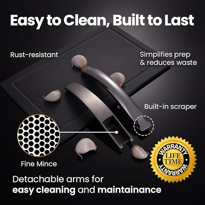 No Peeling Required Garlic Press Stainless Steel with Detachable Handle for Fine Mincing-Premium Garlic Mincer Tool, Rust-Proof, Easy to Clean, Dishwasher Safe Garlic Crusher with Lifetime Replacement