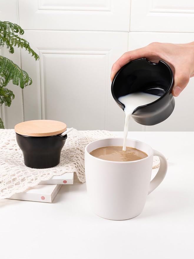 INGOFIN Ceramic Sugar and Creamer Set with Lid and Spoon, 3-Piece Porcelain Creamer Pitcher Milk Jug and Sugar Bowl for Coffee Bar, Tea Time, Kitchen Serving,3.5oz & 6oz, Dishwasher Safe, Modern Black