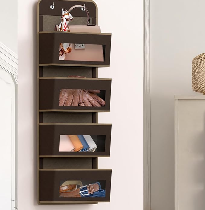 Simple Houseware 4 Clear Window Pocket Over Closet Door Storage Hanging Organizer for Bedroom, Bathroom, Pantry, Brown