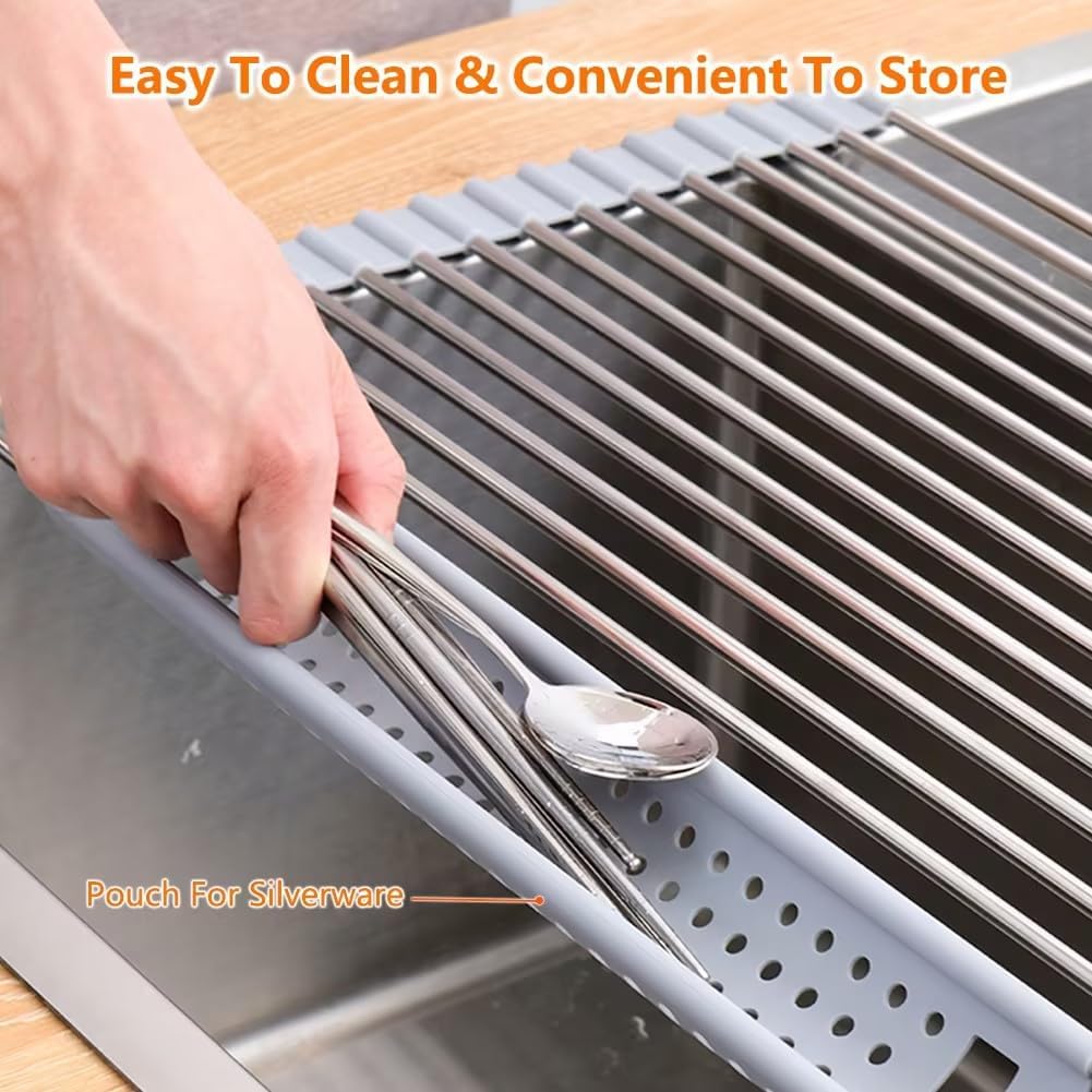Silicone Wrapped Dish Drying Rack Above Sink, Width 20.47 inches x Length 12.99 inches, roll up Dish Drain Above Sink - Foldable (Stainless Steel)