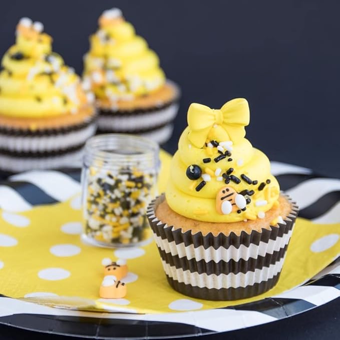 Bumble Bee Sprinkles for Cake Decorating and Baking Cookies, Cupcakes - Edible Batman Sprinkles and Bee Cake Decorations in Yellow Black White Jimmies, Nonpareils, Sugar Crystal, and Pearl Sprinkles