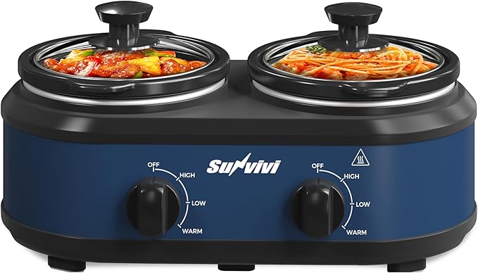 Sunvivi Double Slow Cooker,2 Removable Pots Small Mini Crock Buffet Server and Warmer with Adjustable Temp, Visible Glass Lids, Dishwasher Safe, 2 x 1.25 Quart, Blue