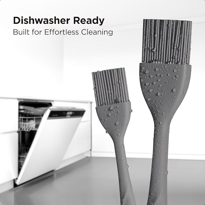 Kitchen Mama WaltzGrip Platinum Silicone Basting Pastry Brush: Set of 2 Heat-Resistant Brushes for Cooking, Baking, Grilling, and Spreading Oil or Butter - Dishwasher-Safe (Metal Gray)