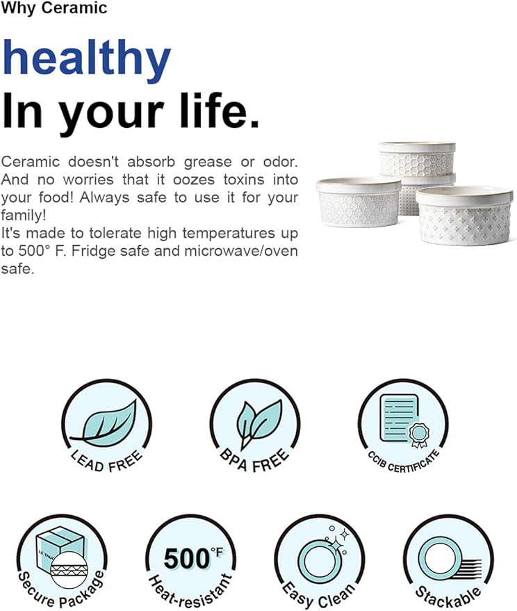 LE TAUCI Ramekins 12 oz, Ramiken for Creme Brulee, Souffle, Dipping Sauce, Ceramic Embossment Housewaming Present -4.8 inch, Set of 4, Arctic White