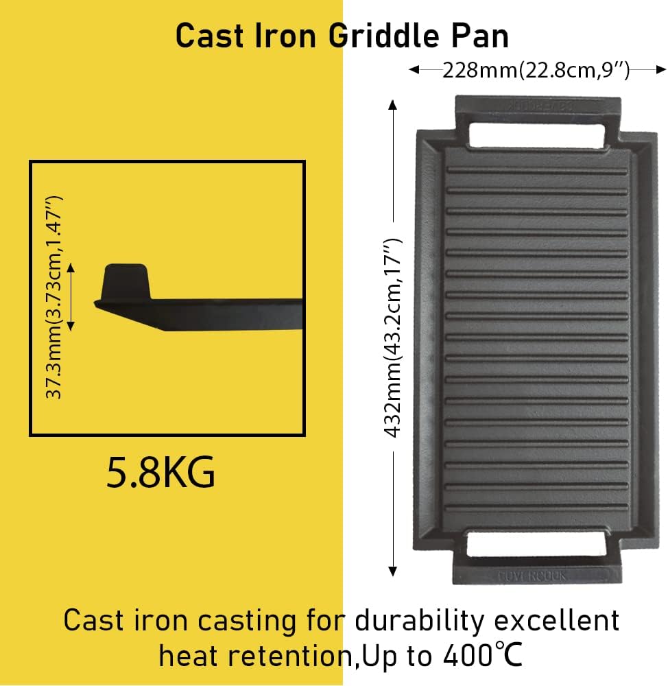 COVERCOOK Griddle Pan, Cast Iron Grill Hot Plate, Rectangular Grill, 2 handles with Ridged Surface for Induction Electric Cooktop，16 x 9inch