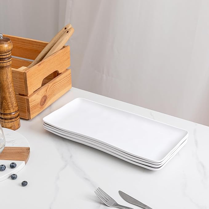 White Melamine Rectangular Serving Platter/Trays, Set of 4, 14” X 7” Fruit Cake Bread Sushi Plate for Party Serving Food, Lightweight and Unbreakable