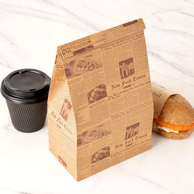 Restaurantware Bag Tek 6 Lb Disposable Lunch Bags 100 Sturdy Take Out Bags - Flat Bottom Microwavable Kraft Newsprint Design Paper Bags Freezable Great For Restaurants Cafes And Bakeries