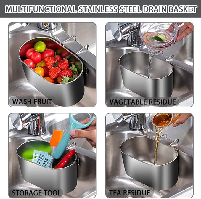 Stainless Steel Sink Drain Strainer Basket, Multifunctional Hanging Sink Strainer Colander Drain Basket for Filter Food Waste and Wash Fruits or Vegetables (Silver)