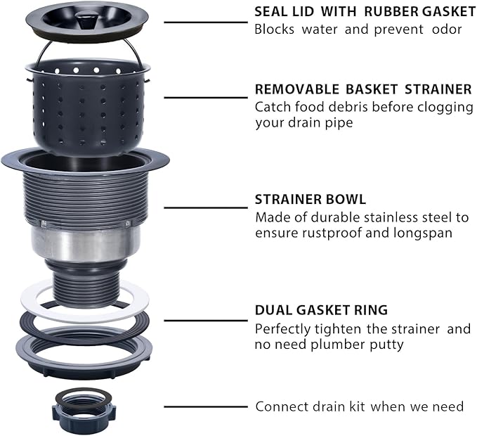 Kitchen Sink Drain 3-1/2 Inch Black Sink Drain Assembly Kit, Removable Deep Sink Strainer Basket with Sink Stopper/Sealing Lid for Home, Kitchen, Stainless Steel
