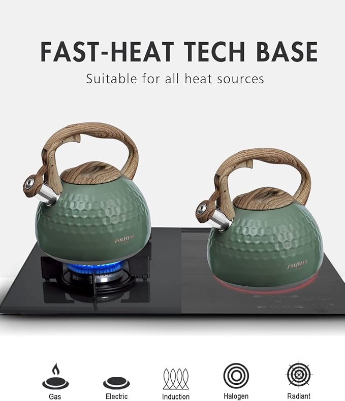 POLIVIAR Tea Kettle, 2.7 Quart Stovetop Tea Kettle, Audible Whistling Teapot, Food Grade Stainless Steel for Anti-Rust, Anti Hot Handle, Suitable for All Heat Sources (JX2020-RH30-2)