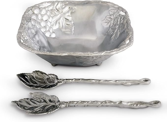 Arthur Court Designs Metal 3-Pc Grape Salad Set Bowl and Server in Grape Pattern Sand Casted in Aluminum with Artisan Quality Hand Polished Design Tarnish-Free 9.5 Inch Diameter