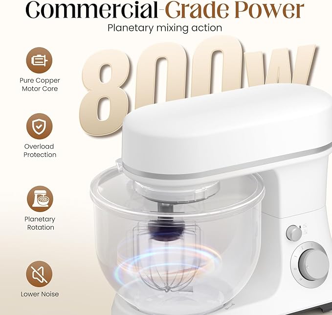 800W Stand Mixer with 5.3QT Bowl, 6-Speed with Pulse Electric Kitchen Mixer, Food Mixer with Dough Hook, Whisk, Beater Tilt-Head & Non-Slip Base for Cookie, Cake, Bread & Baking-White
