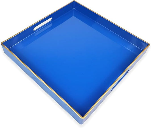 Spsyrine Blue Decorative Tray for Living Room, Square Modern Plastic Coffee Serving Table Tray for Ottoman Bathroom Kitchen,13"*13"