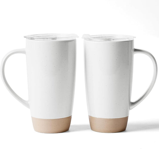 famiware Milkyway Coffee Mugs, 20oz Large Coffee Mug, Ceramic Mug Set of 2 with Lid, Cup Set with Handle for Latte, Tea, Cocoa, Milk, Home & Office, White