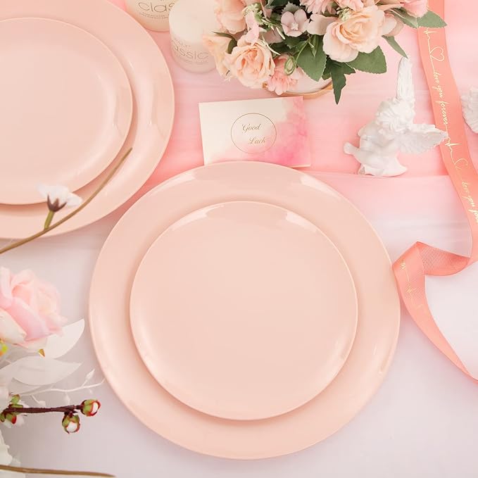 KIRE 60PCS Pink Plastic Plates Disposable - Heavy Duty Pink Plates for Party - Include 30Pieces 10.25inch for Dinner and 30Pieces 7.5inch for Dessert Salad