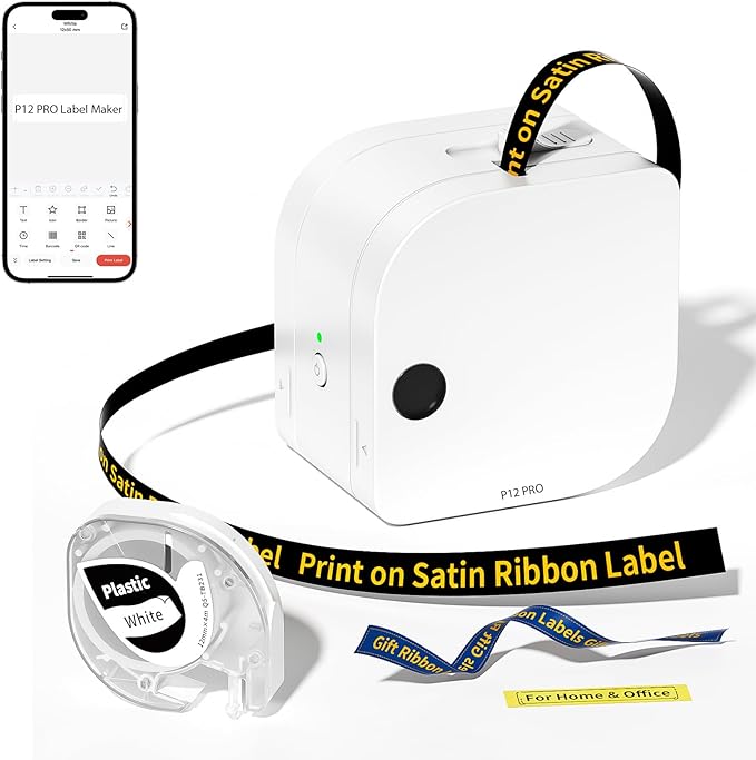 Phomemo P12 PRO Label Maker Machine with Tape, Mini Bluetooth Portable Thermal Labelmaker for School, Office, Organizing, Kitchen, Wireless Small Label Makers with Multiple Templates, White