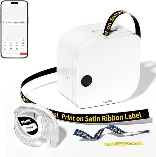 Phomemo P12 PRO Label Maker Machine with Tape, Mini Bluetooth Portable Thermal Labelmaker for School, Office, Organizing, Kitchen, Wireless Small Label Makers with Multiple Templates, White