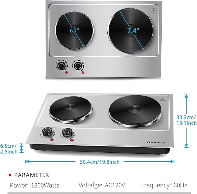 Hot Plate,Cusimax Double Burner 1800W Cast Iron Heating Plate,Electric Stove with Adjustable Temperature Control,Stainless Steel,Suitable for Various Scenarios Upgraded Version