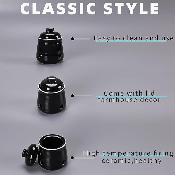 HAOTOP Ceramic Mini Garlic Keeper with Lid, Garlic Container Saver for Countertop, Keep Your Garlic Cloves Fresh (Black)
