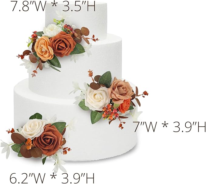 Rinlong 3Pcs Cake Topper Set Artificial Flowers for Cake Decor Burnt Orange Fall Wedding Cake Decorating Flowers for Baby Shower Birthday Party
