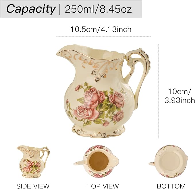 YOLIFE Ceramic Sugar and Creamer Set, Vintage Porlcelain Pitcher Creamer Sugar Bowl with Lid, Pink Rose Floarl Golden Leaves Edge