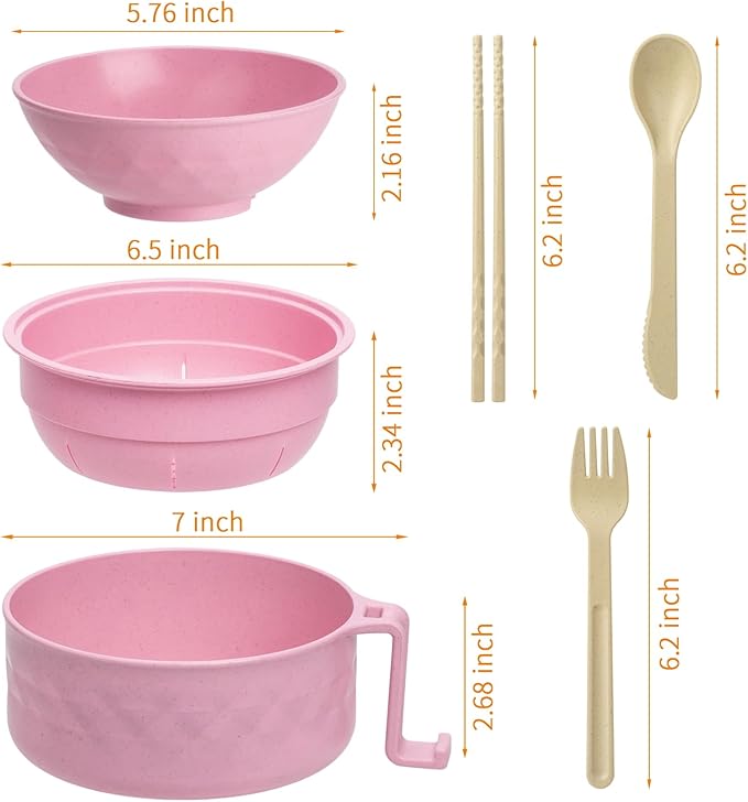 Ramen Cooker,32oz Ramen Bowl Set,Microwave Ramen Bowl, Microwave Bowl with Lid, Portable Noodle Bowls,for Home Office Dorm Room College gift (Pink)