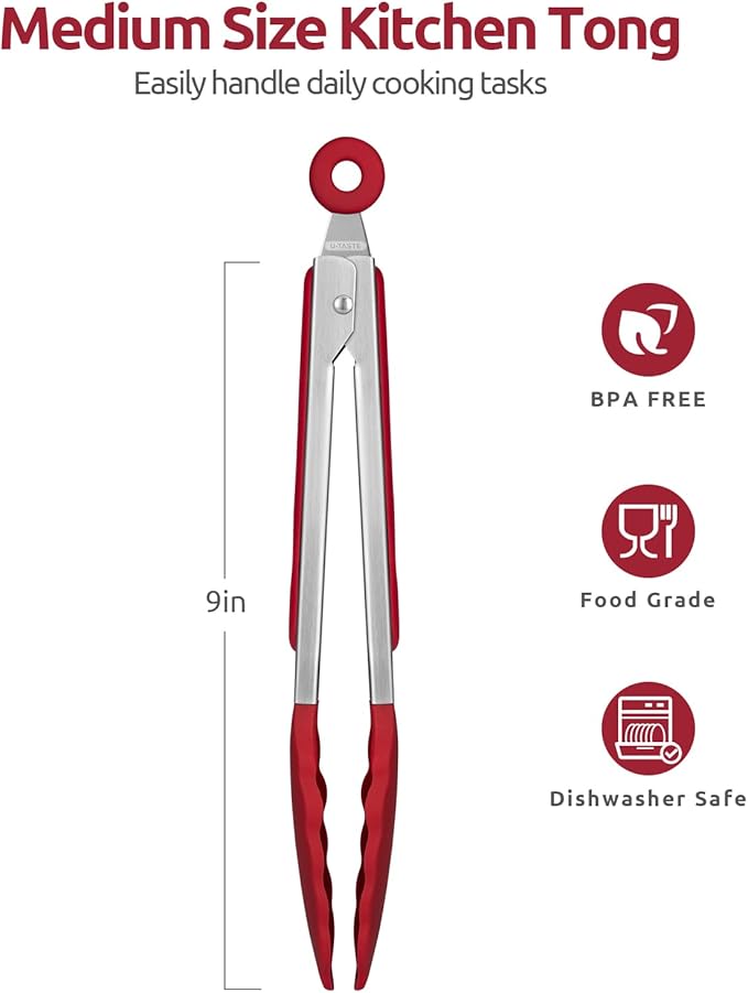 Heat Resistant Silicone Kitchen Tong: U-Taste 9 inch 480ºF Hot Proof Cooking Tong with Firm Sealed Non Stick Rubber Tips & Silicon Coated Steel Handle & Smooth Locking for Serving Grill Salad (Red)
