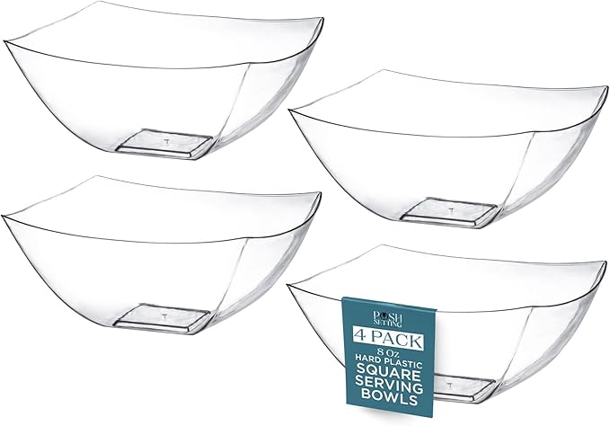 Posh Setting - Clear Plastic Serving Bowls for Party (8oz - 4 Pack) Square, Disposable, Salad & Fruit Bowls for Party Table, Candy Containers for Candy Buffet