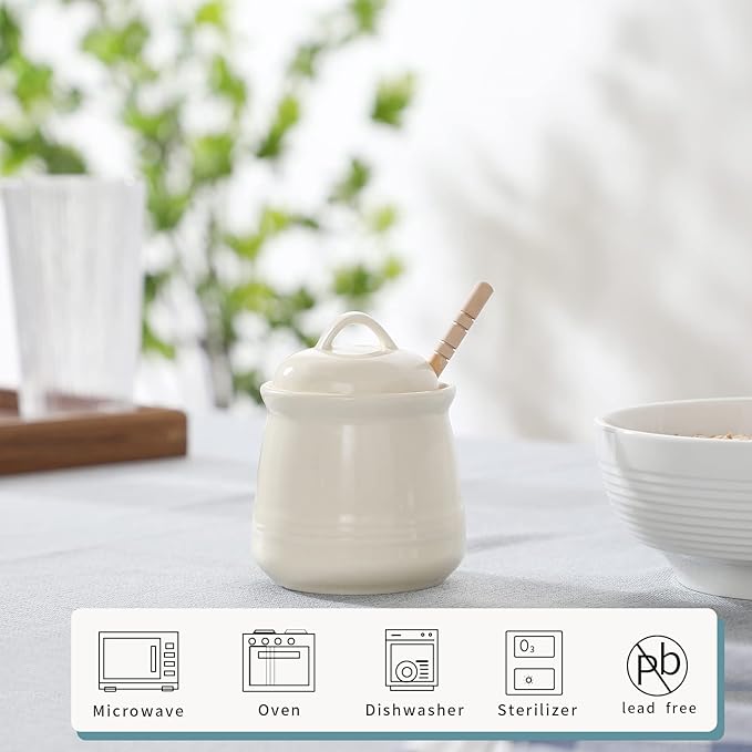HAOTOP Ceramic Honey pot with Lid and Honey Dipper,Porcelain Honey Jar Easy to Clean and Dishwasher Safe,12oz (Beige)
