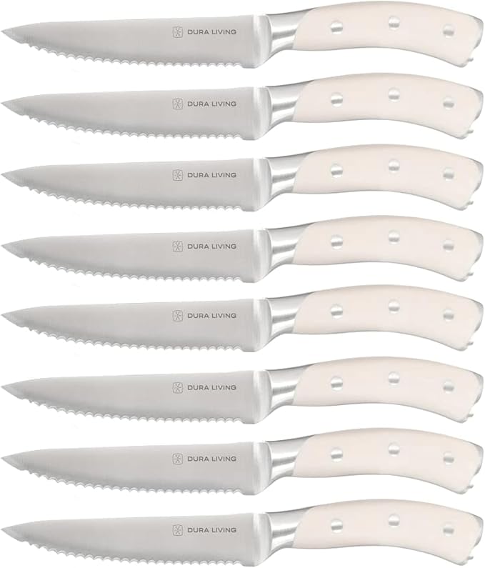 8-Piece Serrated Kitchen Steak Knife Set – Forged High Carbon Stainless Steel, Ultra Sharp, Ergonomic Black Handles, Durable Dinner Knives, Cream Handle