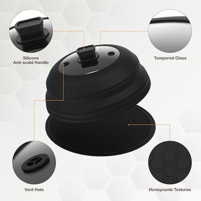 Lzerking Microwave Splatter Cover & Silicone Mat, 10.8 inch Glass Splatter Guard Lid with Collapsible Silicone for Food, Fits 6-10 inch Pot Plate Bowl, Heat Resistant, Dishwasher Safe, Kitchen, Black