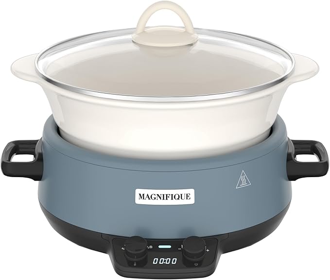 MAGNIFIQUE 5 Quart Programmable Slow Cooker with Auto Warm Setting, Glazed Ceramic Liner, Kitchen Small Appliance for Family Dinners, Blue