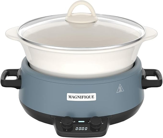 MAGNIFIQUE 5 Quart Programmable Slow Cooker with Auto Warm Setting, Glazed Ceramic Liner, Kitchen Small Appliance for Family Dinners, Blue