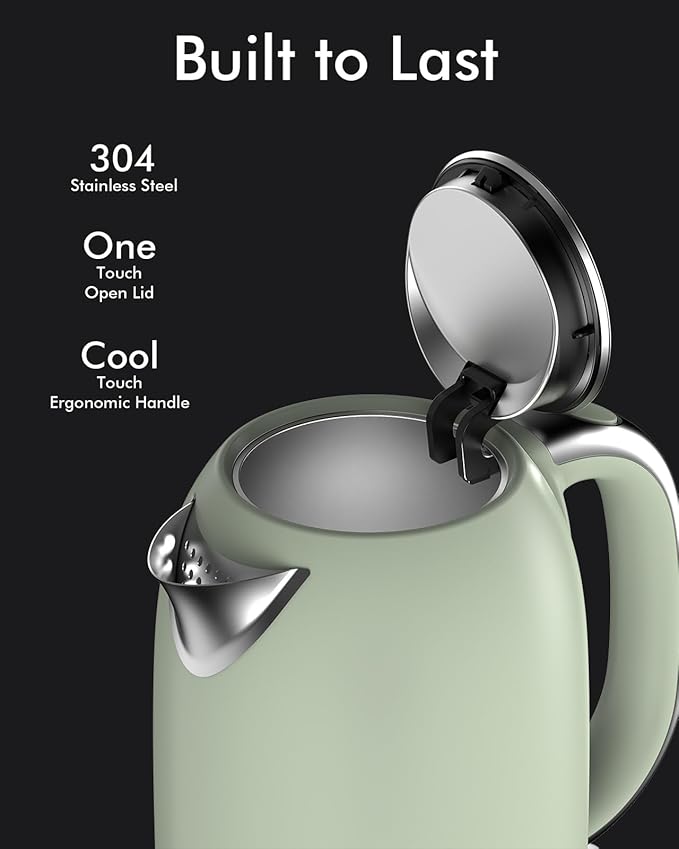 Electric Tea Kettle for Boiling Water, Wide Open Lid Stainless Steel Water Boiler, 1500W/1.7L for Coffee/Tea Brewing, Auto Shut Off & Boil Dry Protection, Cordless Swivel Base & LED Indicator, Green