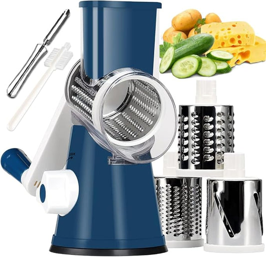 KEOUKE Rotary Cheese Grater with Handle - 3 Changeable Blades for Cheese, Vegetables, Nuts - Blue