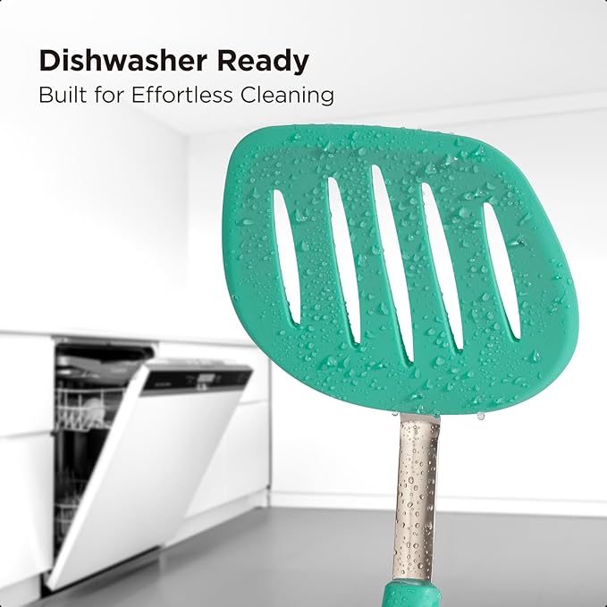 Kitchen Mama WaltzGrip Platinum Silicone Pancake Spatula Turner: Heat Resistant Flexible, Stainless Steel Core, Nonstick, Dishwasher Safe, Flipper – Ideal Kitchen Cookware for Eggs, Fish, Meat (Teal)