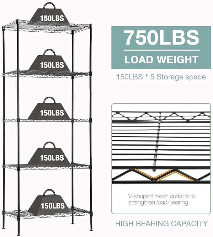 FDW 14Dx24Wx60H Wire Rack 5 Shelf Storage Unit Wire Shelving Unit Metal Shelf Organizer Heavy Duty Certification Commercial Grade Rack Utility for Bathroom Office Kitchen (Black)