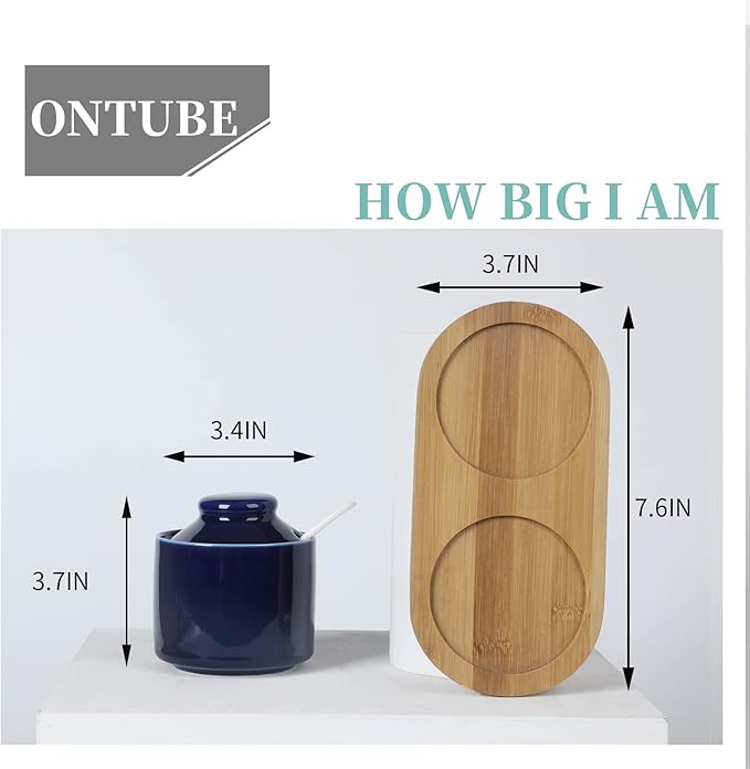 ONTUBE Ceramic Sugar Bowl with Lid and Spoon Set of 2,Porcelain Seasoning Box Salt Bowl with Tray,8oz (Navy)