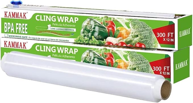 KAMMAK Plastic Wrap, Food Wrap with Slide Cutter, Cling Wrap 12 inch Food Service Clear Cling Film 2 Pack 300 Square FT Roll BPA-Free Microwave-Safe Kitchen Wrap Quick Cut Plastic Film
