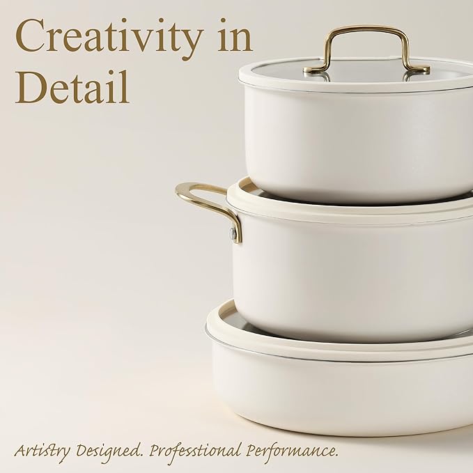 CAROTE 19pcs Tri-Ply Stainless Steel Cookware Set with Detachable Handle, Pots and Pans Set, Induction Kitchen Cooking Sets, RV/Camping Cookware, Outer Ceramic Layer, Oven Safe, Cream White