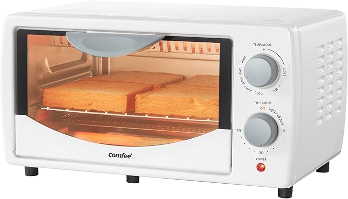 COMFEE' Countertop Oven, Small Toaster Oven Combo 4 slice, Mini Oven for 9" Pizza, Compact Oven, Bake, Broil, 950W, White, CTO-E101A(WH)