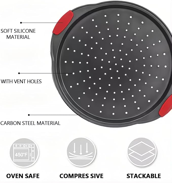 13 Inch Pizza Pan for Oven, Round Pizza Pan with Holes - Non-Stick Carbon Steel Pizza Tray with Silicone Handles - for Cooking, Baking, and Grilling - Dishwasher Safe
