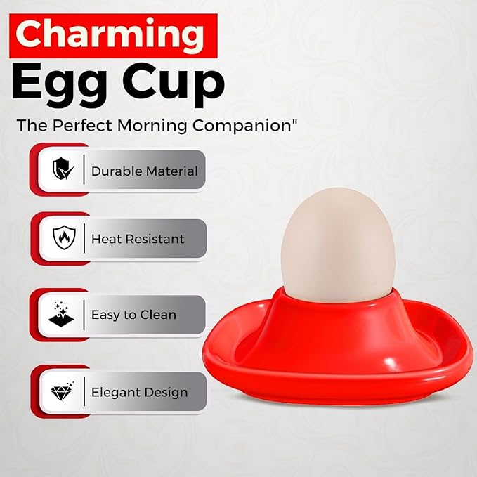 Flexzion Soft Boiled Egg Holder Set - 4-Piece Red Ceramic Egg Cup, Stackable Egg Coddler Cups with Base for Serving, Breakfast, Brunch - Kitchen Table Decor, Red