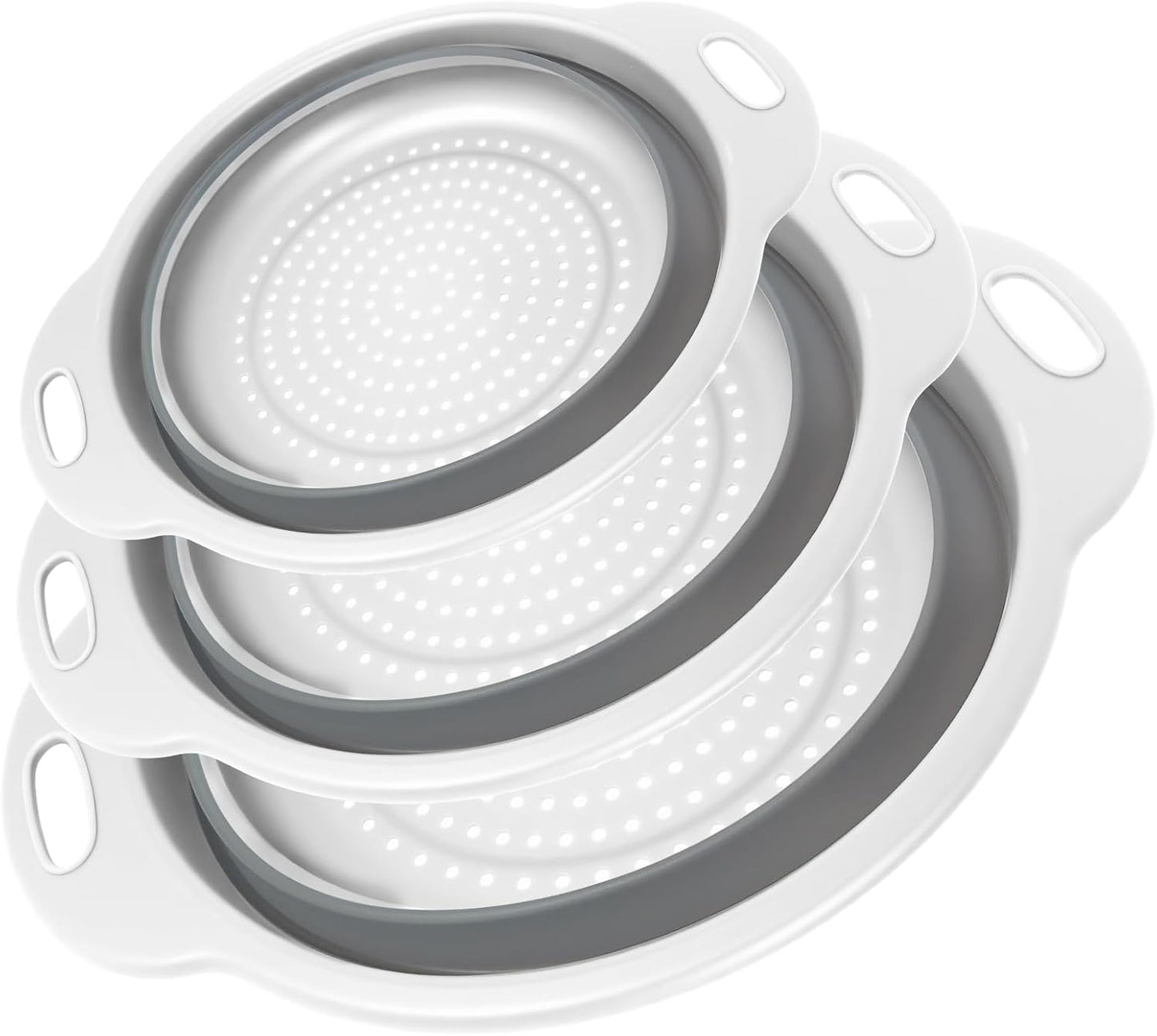 Collapsible Colander 3-Pack Set Space-Saving Foldable Kitchen Strainer with Non-Slip Base Durable Thickened PP+TPE Collapsible Strainers for Pasta, Vegetables, Fruits (Gray-White)